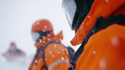 Intense snowstorm, figures in bright protective gear. Brave the elements, focused. Visibility is low, but safety measures are in place. Adventure in a winter.