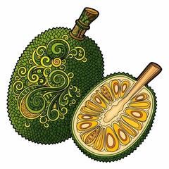 Exotic jackfruit with intricate green paisley pattern and vibrant tropical fruit cutaway revealing juicy segments, perfect for culinary or wellness themes.