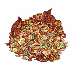 Vibrant, colorful salad medley bursting with fresh ingredients and decorative paisley patterns, perfect for culinary design.