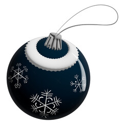 A glossy dark blue Christmas ornament decorated with white snowflakes hangs from a thin silver string in a festive design.