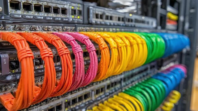 Professional organizing colorful network cables on a server rack showcasing systematic cable management in a data center setting.