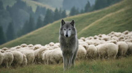 A wolf stands in front of a flock of sheep in a green valley. The scene takes place in the early morning light. Mountains and trees fill the background.