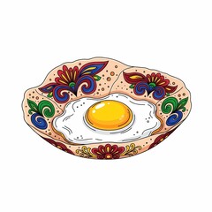 Vibrant fried egg served on a beautifully decorated plate with intricate floral patterns, perfect for culinary and artistic projects.