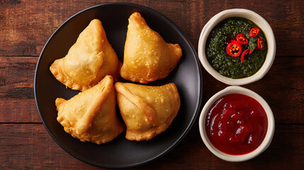 Crispy golden fried indian samosas served on a dark plate with green chutney and red sauce