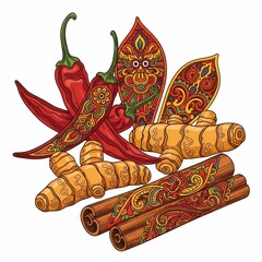 Vibrant collection of red chili peppers, turmeric roots, and cinnamon sticks adorned with intricate, colorful ethnic patterns