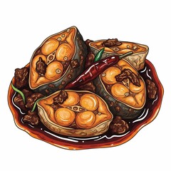 Savor succulent fish steaks braised in rich savory sauce, garnished with a vibrant chili pepper and fresh greens for an irresistible culinary delight.