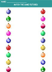 Match the same picture. Draw a line. Education developing worksheet. Matching children educational game. Christmas Time Worksheet. Educational logical game for kids, kindergarten