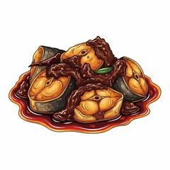 Savory fish steaks swim in rich, aromatic sauce, a vibrant culinary delight ready to be devoured, perfect for food blogs and restaurant menus