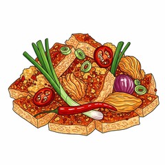 Vibrant, spicy tofu dish bursting with fresh chili, spring onion, tomato, and onion for a delicious culinary adventure