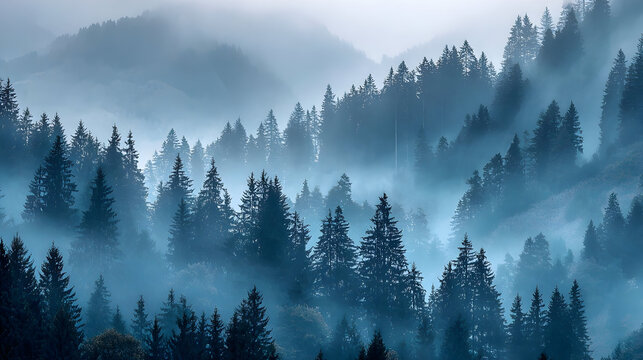 Enchanting mountain forest shrouded in mystical fog layers - Powered by Adobe