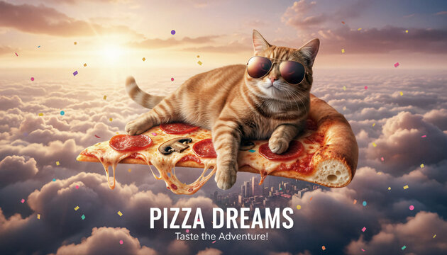 Flying Cat on Pizza Slice &ndash; Funny Surreal Artwork