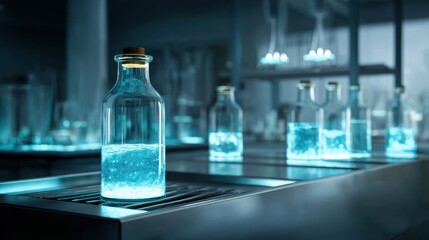 Glowing liquid bottles in scientific lab