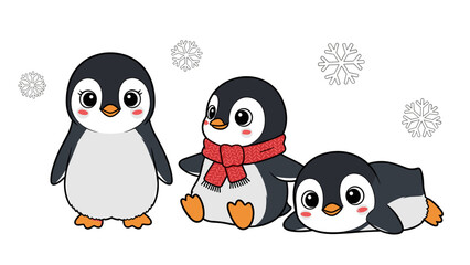 Obraz premium Cute cartoon penguins with snowflakes