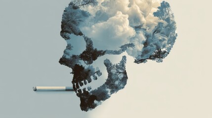 A skull filled with trees and clouds. A cigarette is placed at the bottom symbolizing the dangers of smoking and pollution. The imagery blends nature and death.