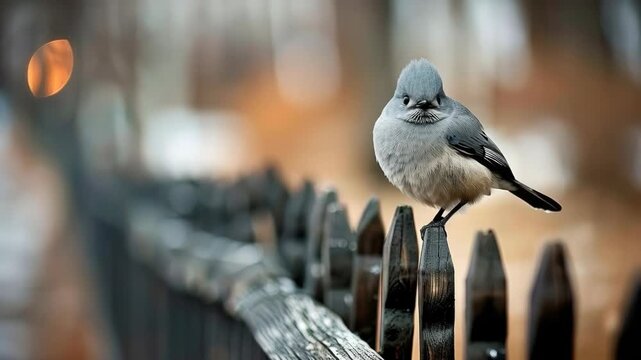 A small bird enjoys a quiet moment on a wooden fence while soft sunlight filters through the trees, creating a serene atmosphere