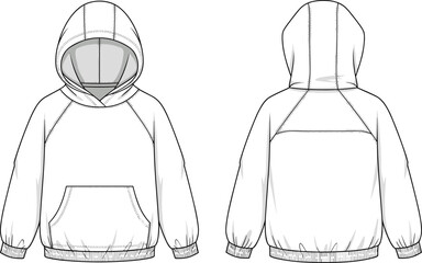 Hooded sweatshirt technical sketch, front and back view, raglan sleeves, kangaroo pocket, ribbed cuffs, fashion flat, garment blueprint, apparel design