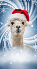 Obraz premium Close-up of alpaca wearing red Santa hat, swirling blue-white background with snowflakes, symbolizing winter holidays, cheer, and festive season