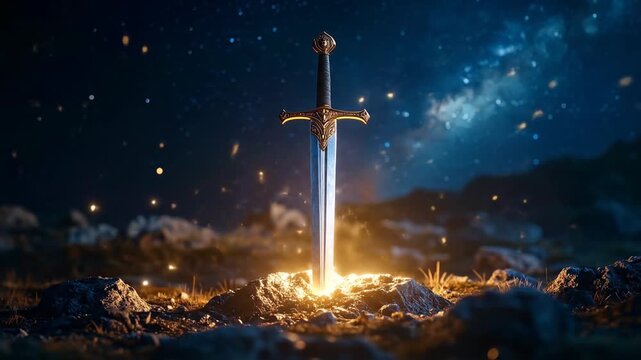 Excalibur: Sword in Stone Under Starry Night Sky with Magical Glow