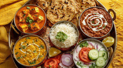 Delicious indian thali with a variety of traditional dishes including curries, rice, naan, and salad, served on a round metal tray