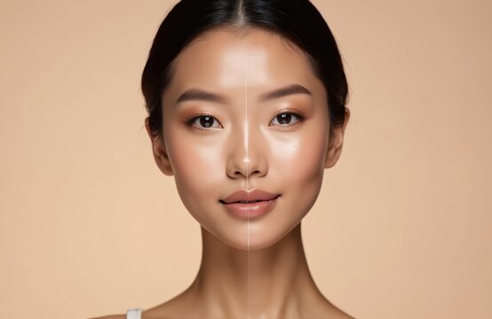 Split face beauty comparison shows asian woman with makeup applied. One side is natural skin, other has foundation coverage. Perfect skin tone match with even complexion and subtle contouring.