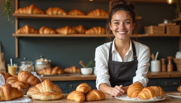 Attractive French woman prepares fresh croissants, pastries in bakery shop. Wears apron smiles proudly displaying homemade bread products. Image represents small business success artisan food