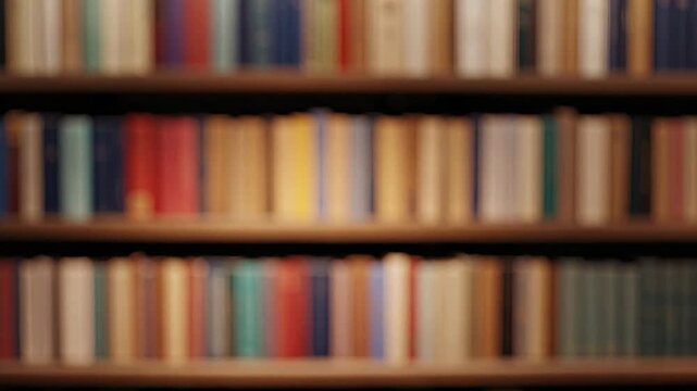Warm softly blurred bookshelf background with rows of books reduced to gentle colored shapes. Cozy ambient lighting and a calm intellectual mood, perfect for text overlay or study-themed content.