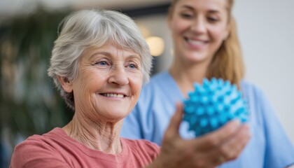 Elderly Woman Uses Spiked Ball For Arm Muscle Rehabilitation With Nurse'S Support. Focus On Physical Therapy And Recovery. Mentions Illness.