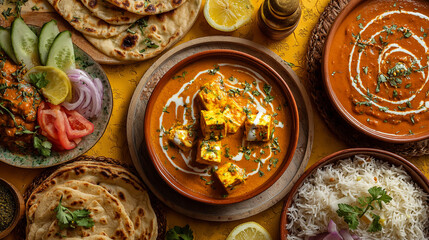 A colorful and delicious spread of traditional indian cuisine, including paneer curry, naan, and rice