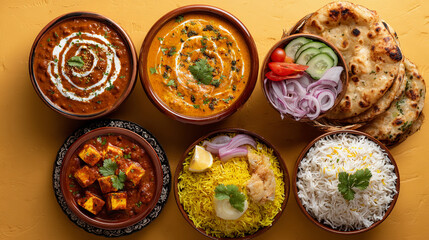 Overhead shot of a delicious indian thali featuring a variety of flavorful dishes and accompaniments on a table