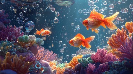 Obraz premium Three goldfish swim through an underwater environment filled with vibrant coral and bubbles. The sunlight shines through the water creating a lively scene of life below the surface.