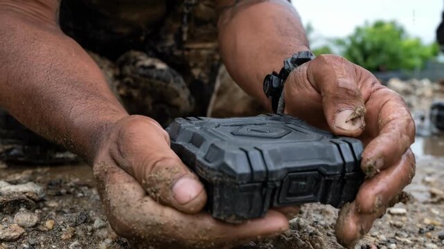 Medium shot capturing a highdurability pager case in hand emphasizing ergonomic grip and robust construction for harsh conditions