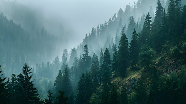 Enchanting mountain forest shrouded in thick rolling fog layers for tranquil nature themes - Powered by Adobe