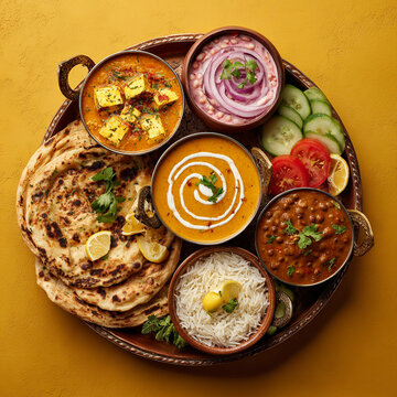 Delicious indian thali featuring a variety of flavorful dishes served on a round wooden platter