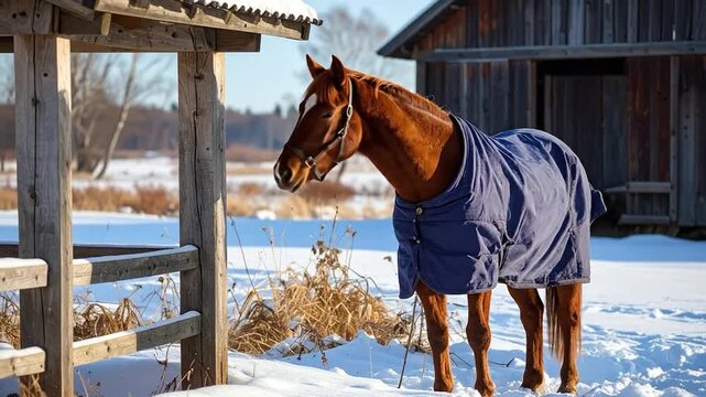 A majestic brown horse, protected by a warm blue blanket, stands serenely in a picturesque snow-covered winter landscape near a rustic wooden barn and fence on a chilly day