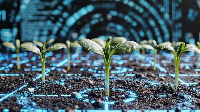 Young plant sprouts growing in soil with digital grid overlay