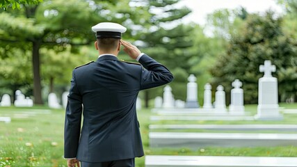 A service member salutes at a military cemetery, honoring those who sacrificed their lives for their country during a solemn moment