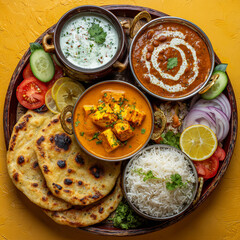 Overhead shot of a delicious indian thali featuring paneer butter masala, dal makhani, raita, naan, and rice