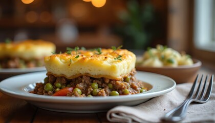 Close up of traditional homemade shepherd pie served on white plate. Golden mashed potatoes crown savory ground meat with green peas, diced carrots. Warm hearty meal, classic British comfort food