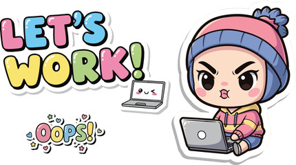 Fototapeta premium Cute cartoon sticker illustration depicting a determined chibi girl, wearing a winter hat, deeply focused on her laptop, with 'LET'S WORK!' and 'OOPS!' text elements