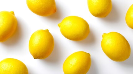 Bright yellow lemons scattered on a clean white surface. This vibrant arrangement adds freshness and a pop of color. Ideal for food photography, recipes, or healthy lifestyle themes. AI