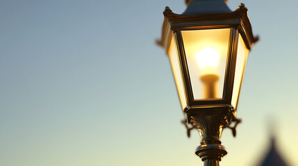 Vintage streetlamp glowing softly against a pale blue sky. The ornate details of the lamppost gleam in the warm light, creating a nostalgic ambiance, classic design.