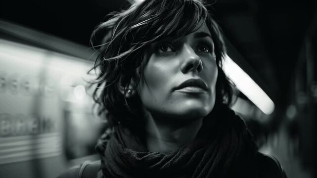 Primer plano de mujer viajera con mirada reflexiva en el tren subterr&aacute;neo.