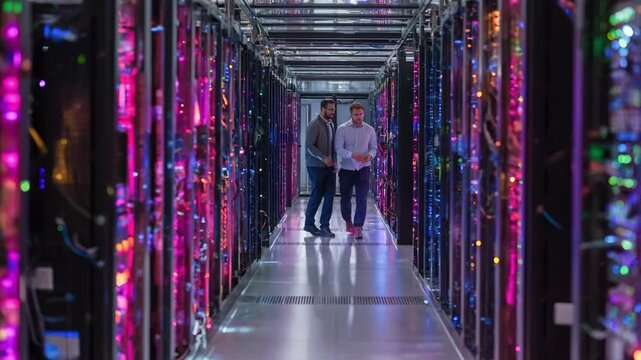 Engineers performing maintenance on interconnected servers within a largescale modern data center designed for web hosting reliability.