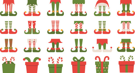 Cartoon Christmas bundle with elf legs, festive shoes, candy canes, and gift boxes for holiday decoration and design themes.