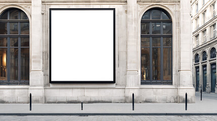 Blank advertising space on the building. This mockup offers a large format display on the building, situated between two elegant arched windows. Ideal for a variety of ads.
