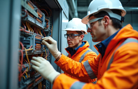 Two engineers wearing safety gear working on electrical panel. They work with wires and components. Professionals in the field of electrical engineering are involved in HVAC system repair. - Powered by Adobe