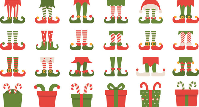 Cartoon Christmas bundle with elf legs, festive shoes, candy canes, and gift boxes for holiday decoration and design themes.