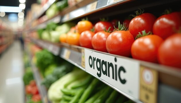 Red organic tomatoes on supermarket shelf. Fresh ripe vegetables in produce section of grocery store. Healthy vegetarian food for sale in local market. Bio farm product promotes healthy eating