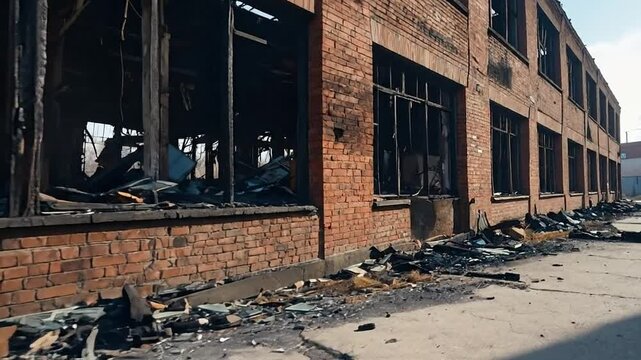 The haunting skeletal remains of a large brick industrial building after a devastating fire, showcasing extreme structural damage, shattered windows, and scattered debris from the catastrophic event