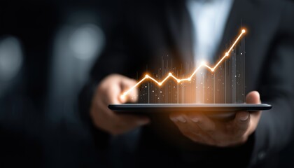 Businessman Showcasing Business Growth Graph Chart On Tablet: Emphasis On Digital Marketing And Stock Market. Dynamic And Interactive Presentation.